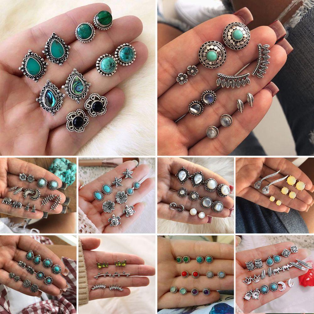 R-flower Stud Earrings Set Vintage Boho Pesta Perhiasan Hadiah Perak Antik Batu Pirus