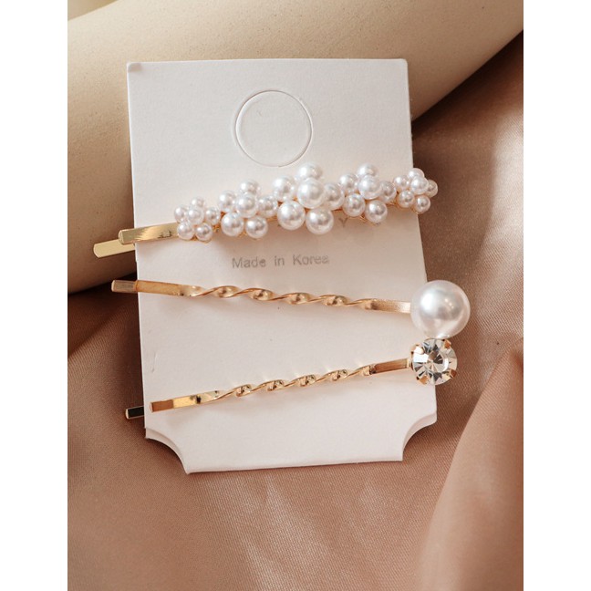 LRC Jepit Rambut Fashion Gold Pearl Flower With Diamond Hair Clip Set F46360