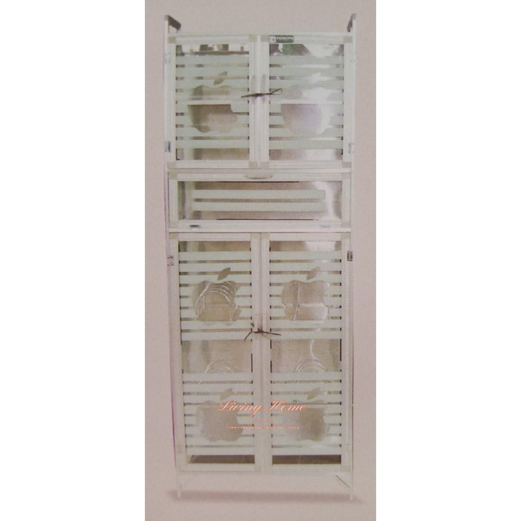 Lemari Dapur 2 Pintu Laci (Kaki Kecil) Rak Piring Gelas Aluminium Kaca
