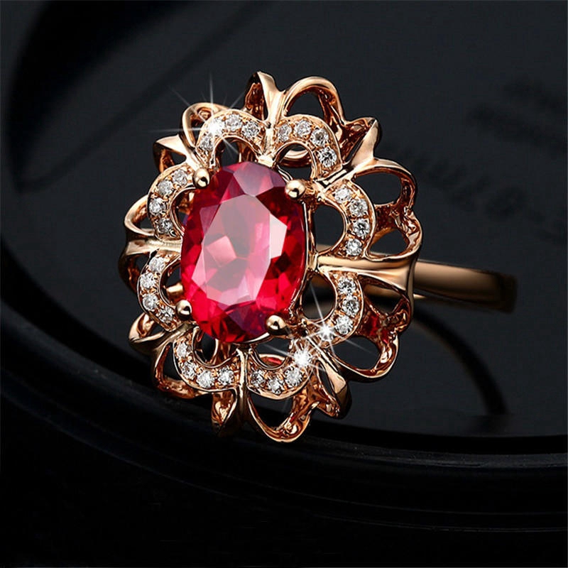 Seusuk 1pc Cincin Rose Gold 18k Desain Bunga Hias Batu Permata Merah Gaya Korea Untuk Wanita