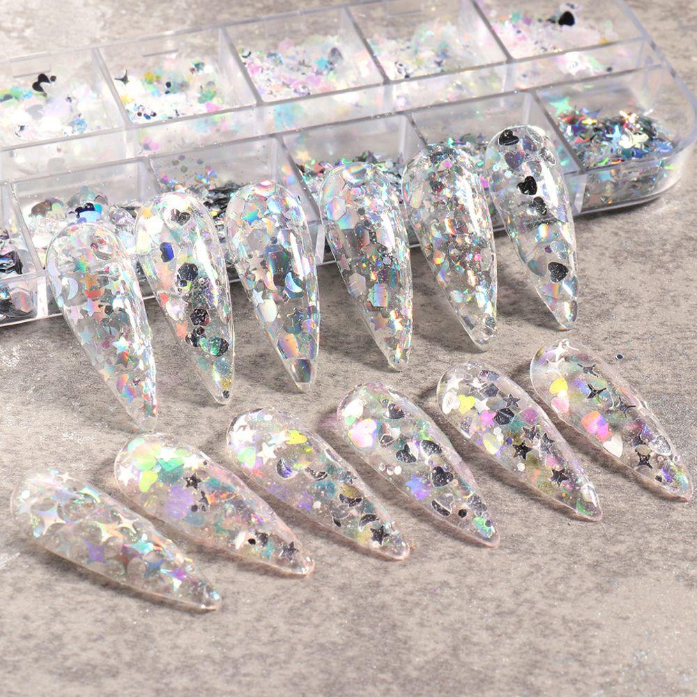 Mxbeauty Hexagon Nail Sequin Laser Mermaid Hologram Cinta Hati Glitter Bulan Manicure Geometris Tubuh Seni Payet