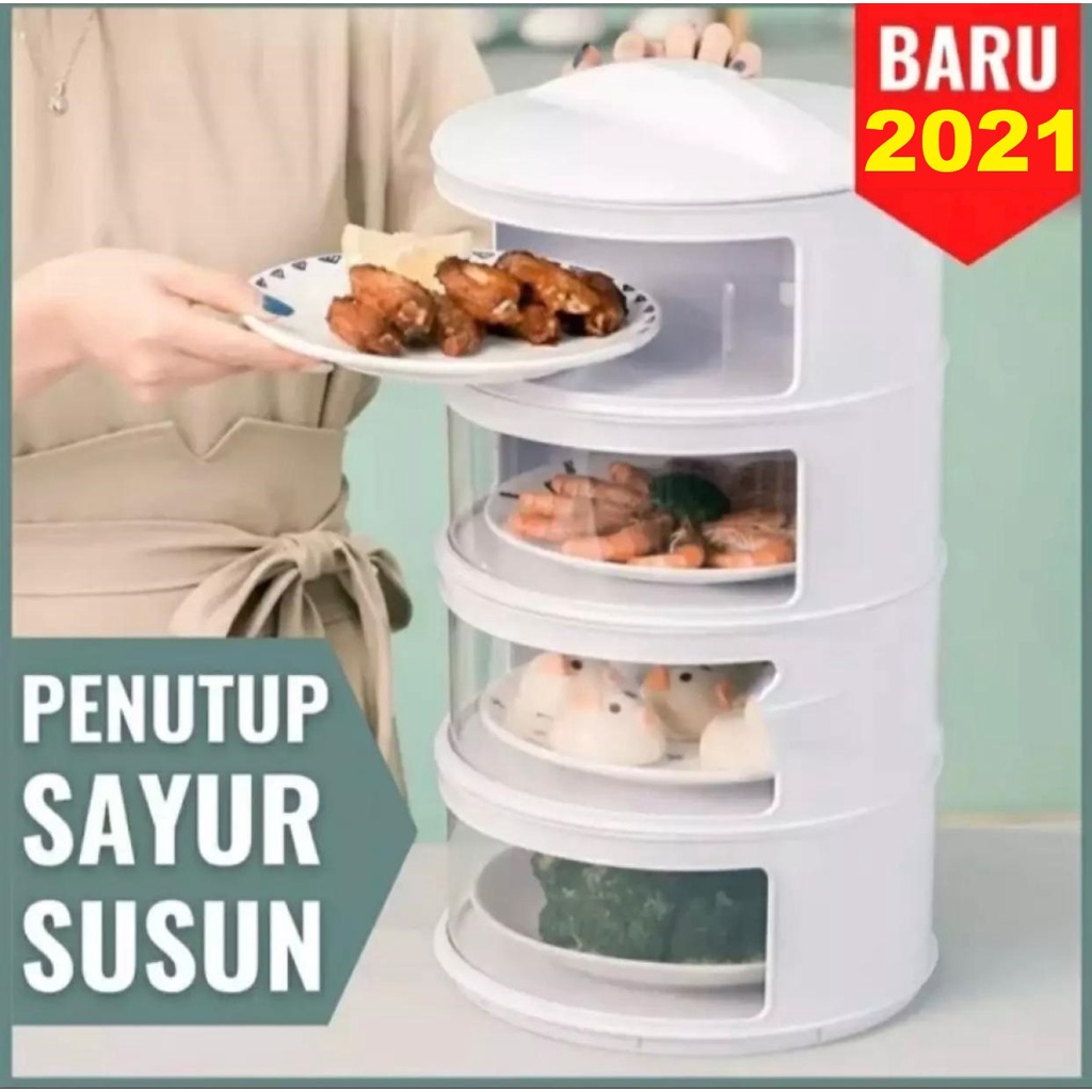 Rak Tudung Saji Makanan Lauk Buah Kue Tingkat 4 Susun / Penutup Masakan Saji Portable