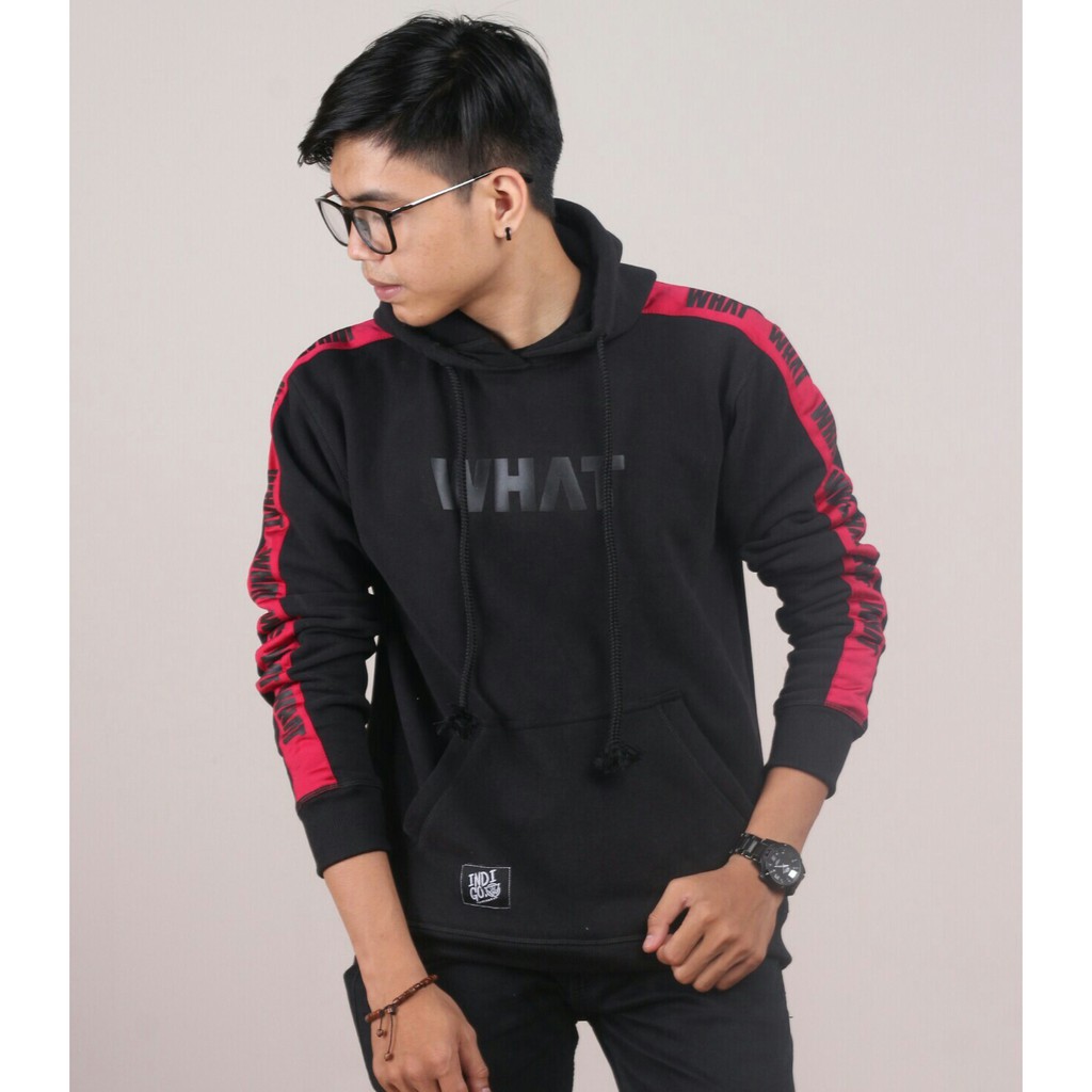 INSTINC JAKET HOODIE WHAT HITAM LIST MERAH