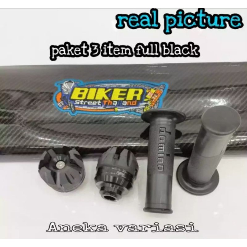 (paket black) sarung kulit jok bikers carbon+handgrip +Jalu as roda depan warna black