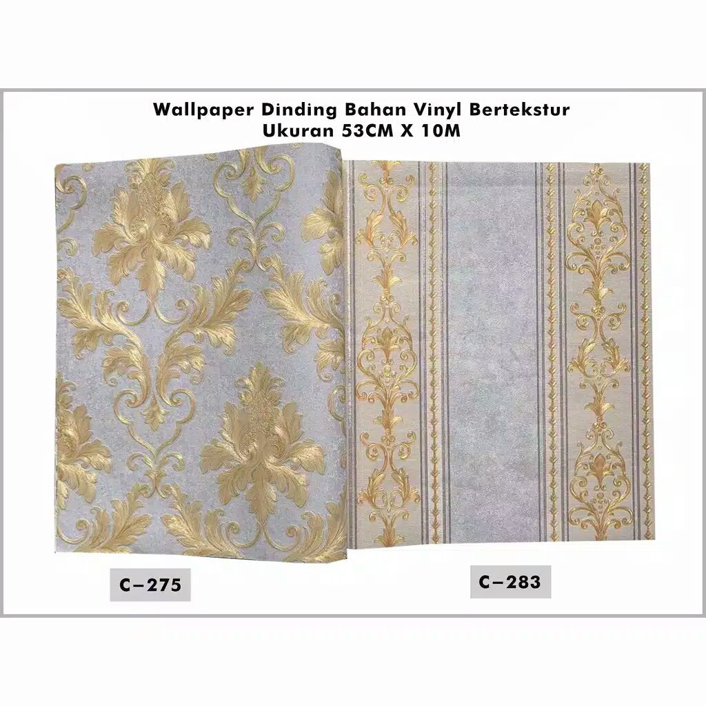 Wallpaper dinding vinyl motif bunga salur warna ungu gold