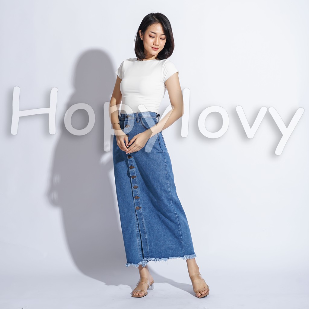 HOPYLOVY - Rok Jeans Panjang Wanita Kancing Depan Belah Front Slit Caca