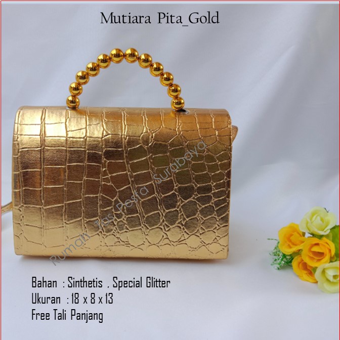 Tas Kekinian,Tas Satin,Tas Clutch,Mutiara Pita_Gold