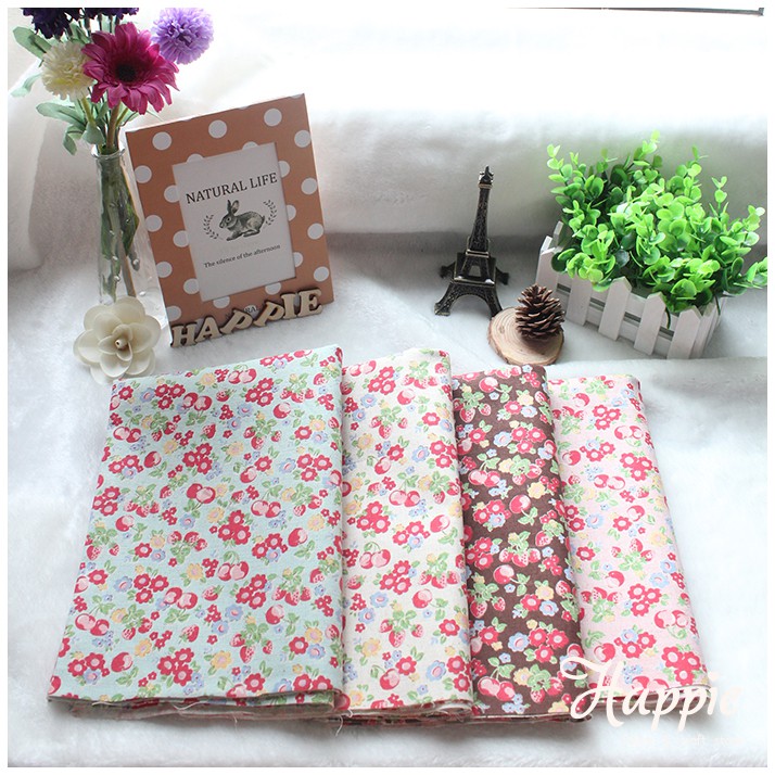 [R745] Strawberry Flower Linen Fabric, kain katun linen, kain kerajinan tangan, kain DIY, kain tas
