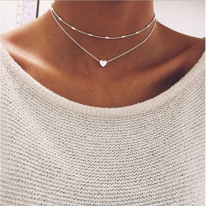 Kalung Perhiasan Aksesoris Double Rantai Kalung Hati Multilayer Choker