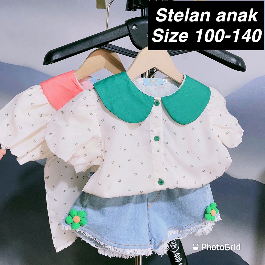 (LOLI-JKT) BS-255 SET ANAK CEWEK KERAH FLORET 2 WARNA + CELANA DENIM SIZE 100-140