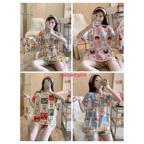 Piyama Korea Wanita Import 1 Set Lengan Pendek - Piyama Free Pouch - Pakaian Tidur 3 in 1