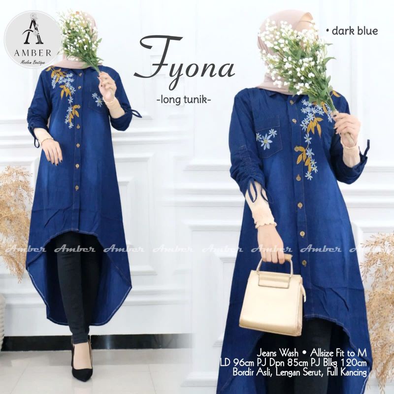Tunik jeans wanita cantik adem tebal Fyona long tunic atasan remaja terbaru original amber