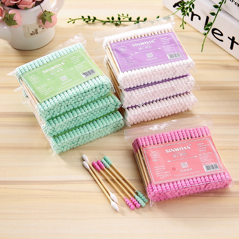 Kangaroomom 100 pcs/pack Baby Cotton Swab Thin Buds Berwarna Ganda-Spiral Ujung Kapas Sanitary Swab Kecil-Won