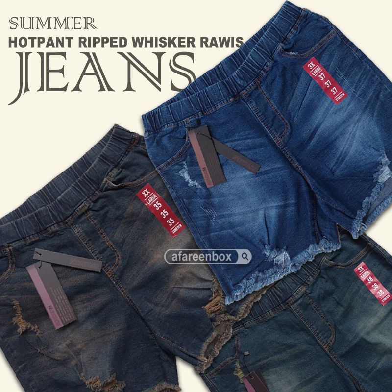 AFAREEN - Celana pendek jeans wanita jumbo hotpants jeans ripped sobek rawis rumbai 2/3 melar Celana Korea pinggang karet stretch Big size 35-42