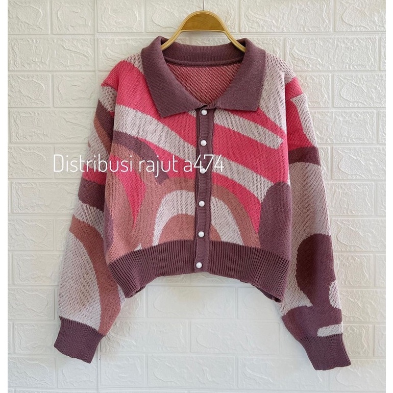 JEJE CARDIGAN RAJUT MOTIF KEMEJA PELANGI KERAH KANCING PREMIUM