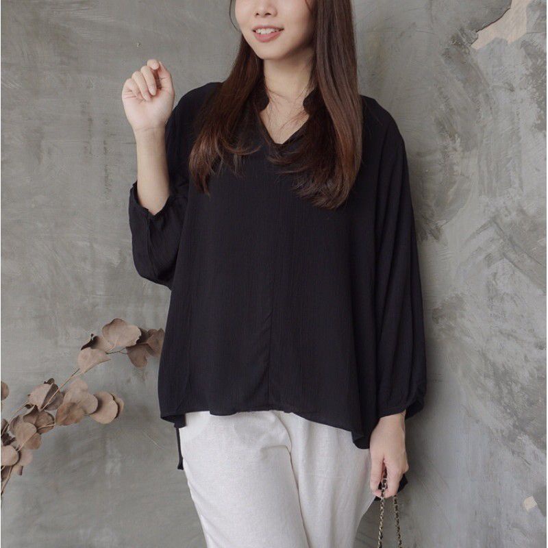 HEVA BLOUSE WANITA BAHAN RAYON CRINKLE TERBARU//SAKURA VNECK SHIRT BLOUSE OVERSIZE-3