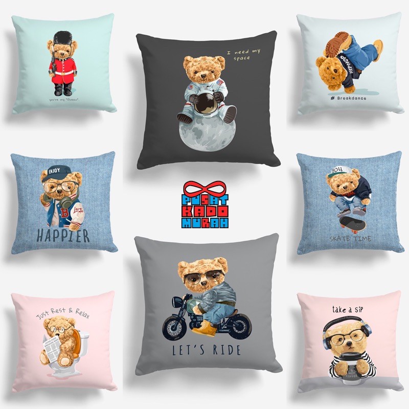 Bantal Sofa Print Motif Cute Boy Teddy Bear 40x40 cm - Pusat Bantal Sofa