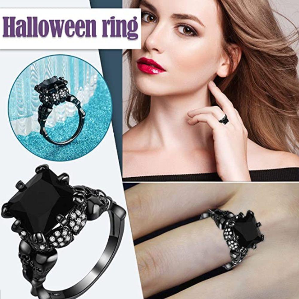 Cincin Desain Kerangka Tengkorak Bunga Halloween Gaya Retro Punk Untuk Wanita