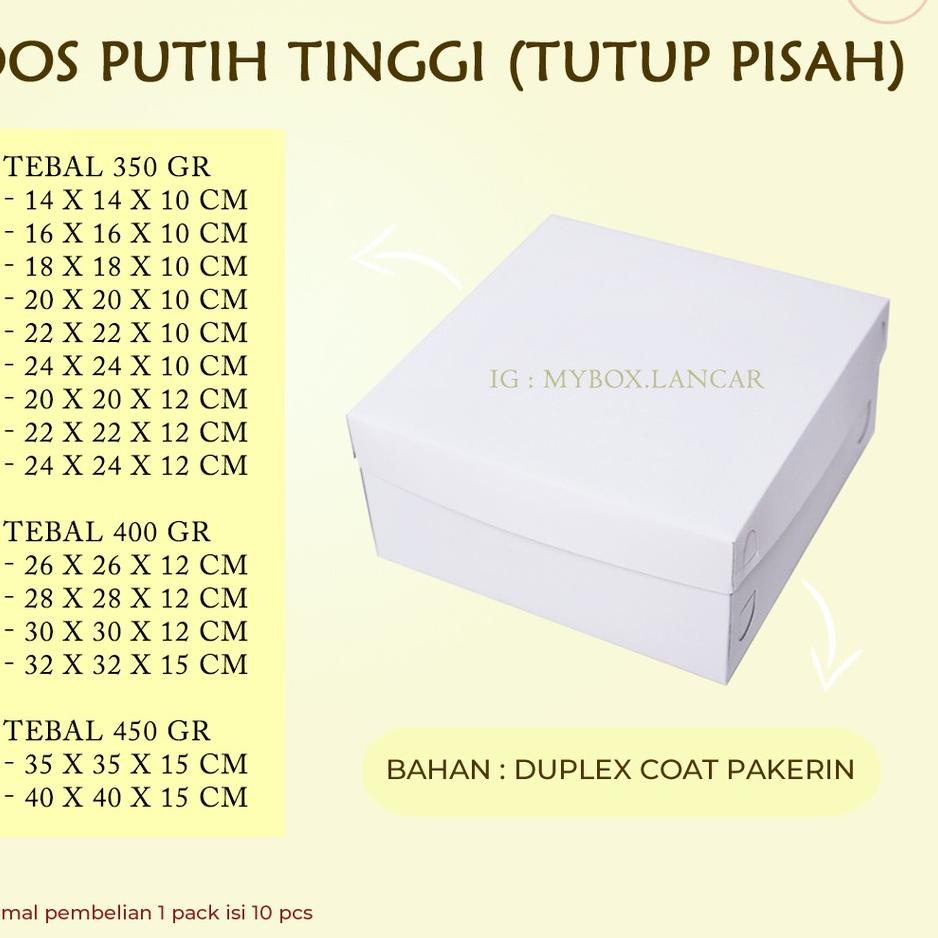 

Promo Untung (10 LEMBAR) BOX TART PUTIH 30 X 30 X 12 CM, DUS TART PUTIH TUTUP PISAH , KEMASAN TAR KUE