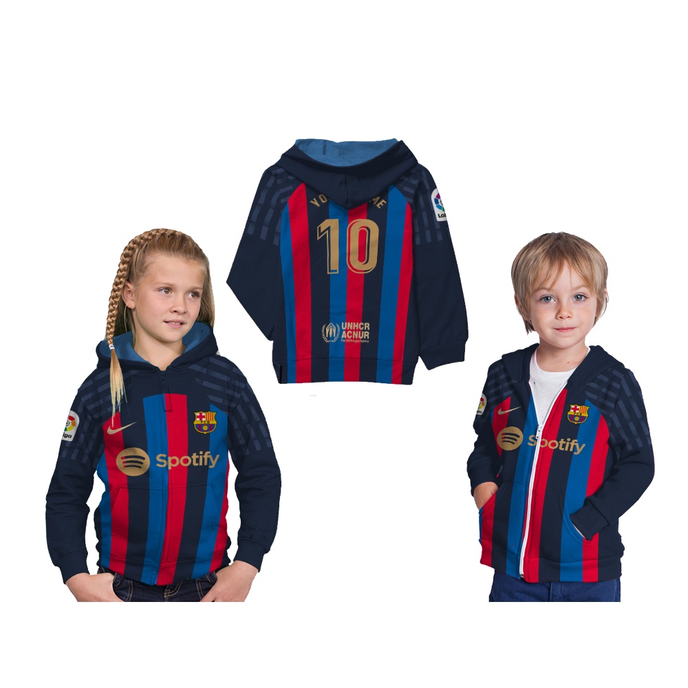 Jaket Hoodie Kids Jersey Barcelona Home 2022 Full Printing Free Custom Nama