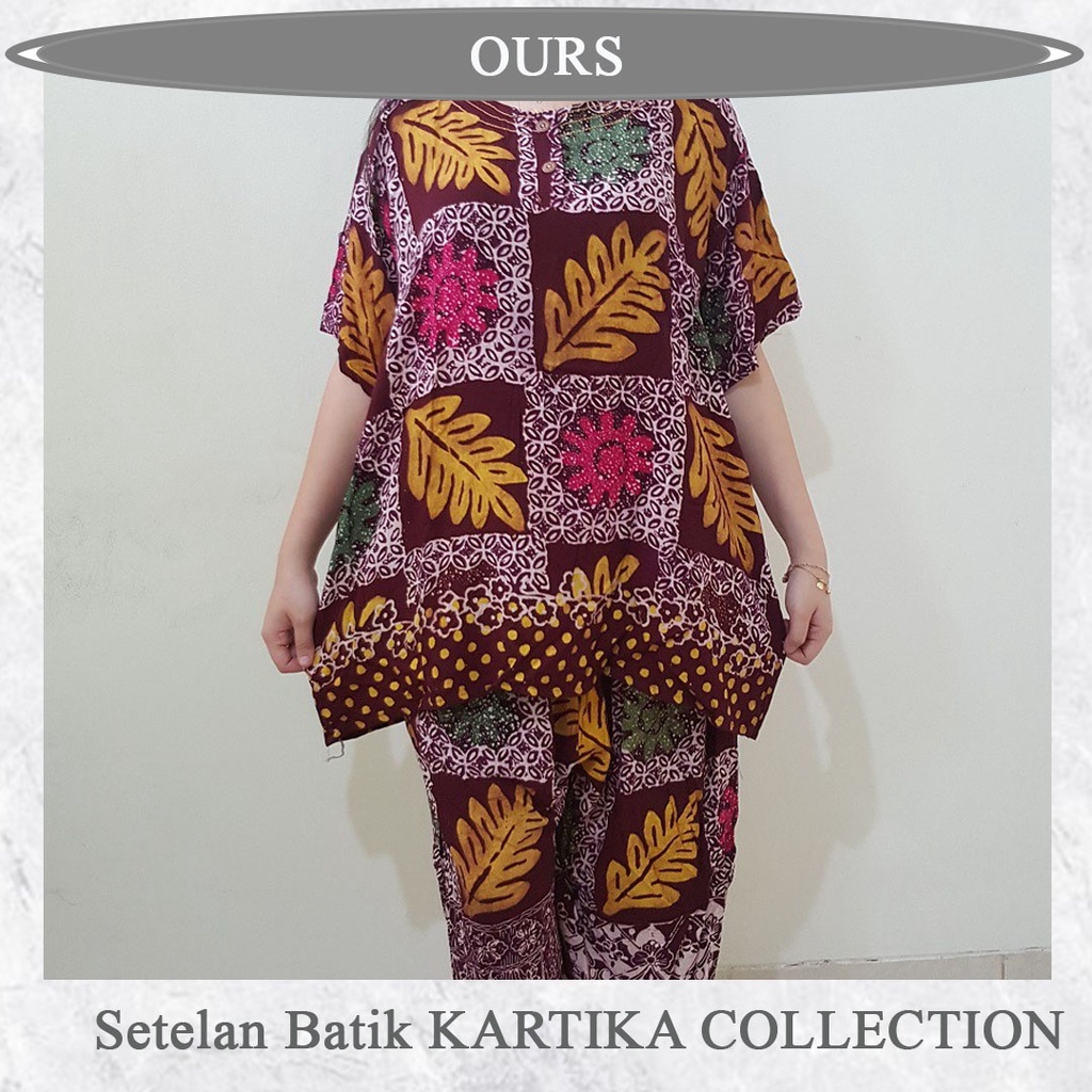 Setelan Jumbo Motif Batik Kartika Collection Warna Maroon Kombinasi Daun Warna Kuning Kunyit Pink