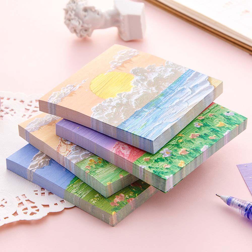 [Elegan] Lukisan Minyak Pemandangan Sticky Note Lukisan Pemandangan 80lembar/lot Notepad Bantalan Tulisan Perlengkapan Kantor Sekolah Self-Stick Note Sticky Note Paper