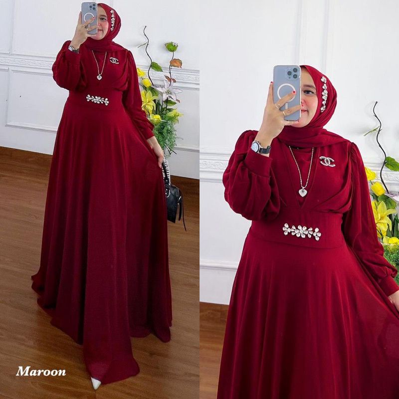 DELIA DRESS ORIGINAL CERUTY PREMIUM SET PASMINA/DRESS MAXY FULL FURRING/GAMIS CERUTY BABYDOLL/GAMIS MUSLIMAH/FAR MOSLEMSTORE