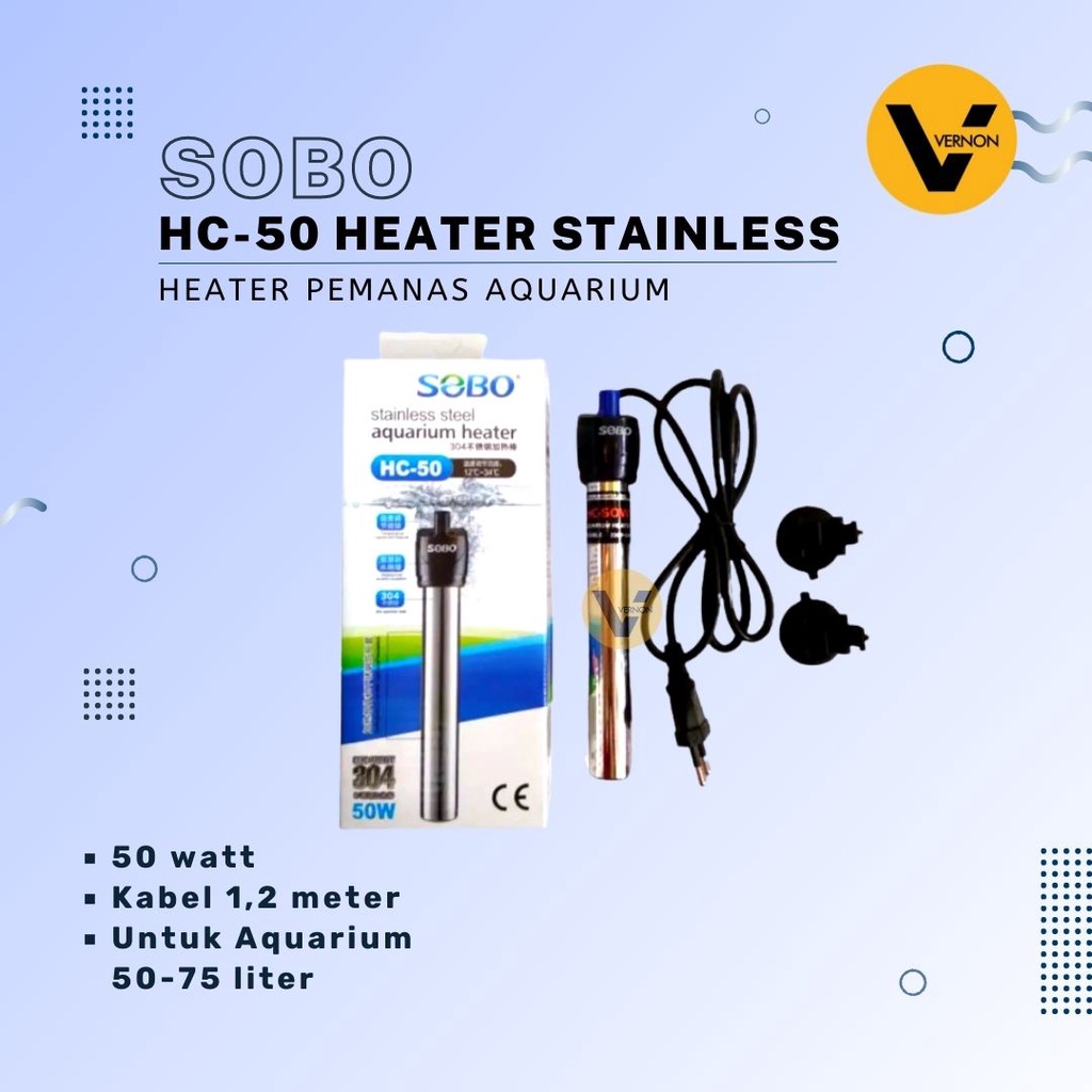 SOBO HC50 Heater Stainless Pemanas Air Aquarium 50 watt