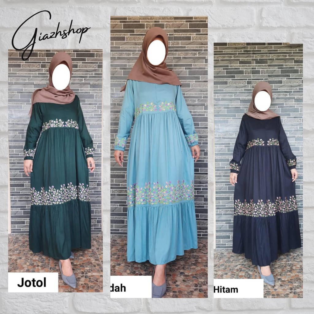 Gamis Bordir Full Bunga Dress Busui friendly Sleting depan Rayon Adem Premium Tasik