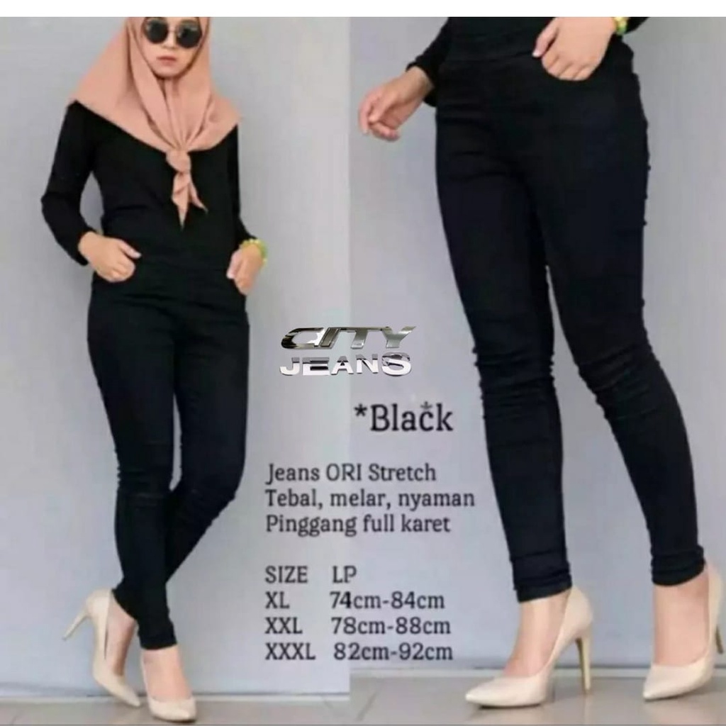 Celana Jeans Wanita Jumbo Murah Pinggang Karet Legging Panjang Cewek Big Size Hitam Jins Terbaru 4.8