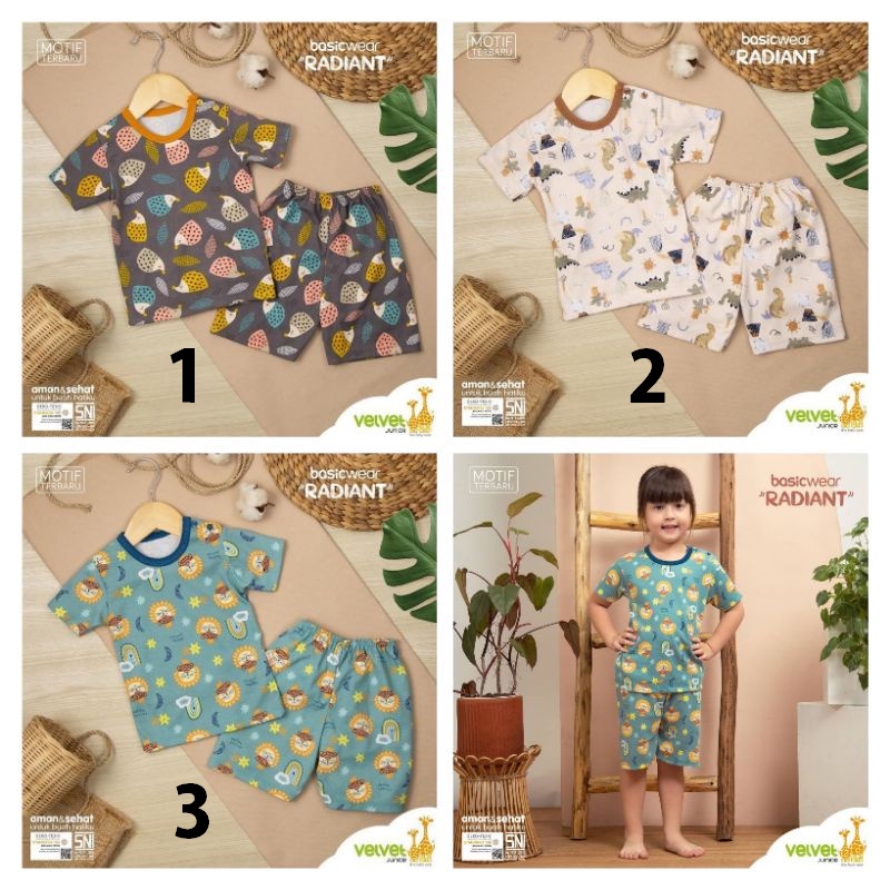 Setelan Baju Bayi Oblong Pendek Celana Pendek 3 6 9 Bulan 1-5 Tahun Velvet Junior Radiant 1pcs