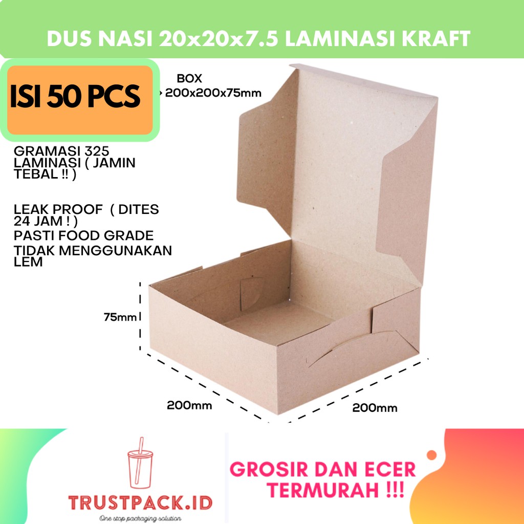 DUS NASI 20x20 / KOTAK NASI KRAFT PAPER / COKLAT - LAMINASI 325 GSM