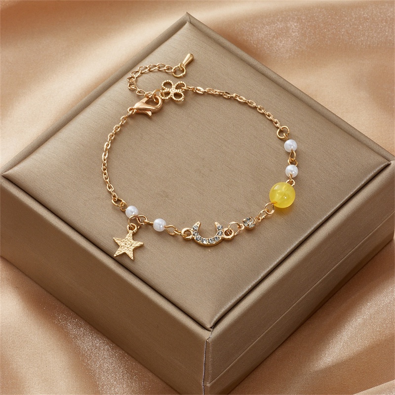 Gelang Rantai Adjustable Pendan Bintangbulan Hias Zirconmutiara Imitasi Gaya Korea