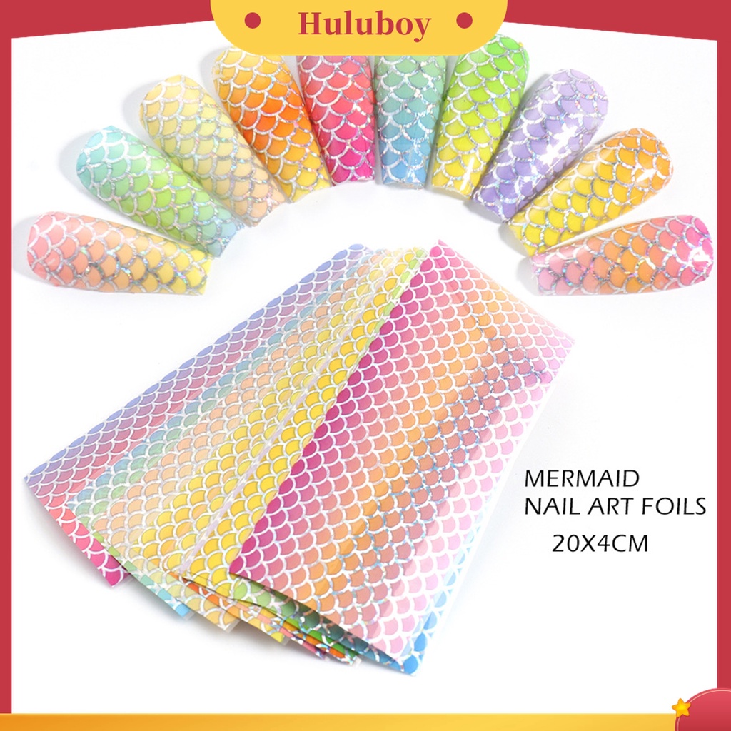 Huluboy Huluboy♡ 10 Pcs / Set Stiker Kuku Transfer Foil Desain Sisik Ikan Mermaid Warna-Warni Gradasi Untuk Manicure