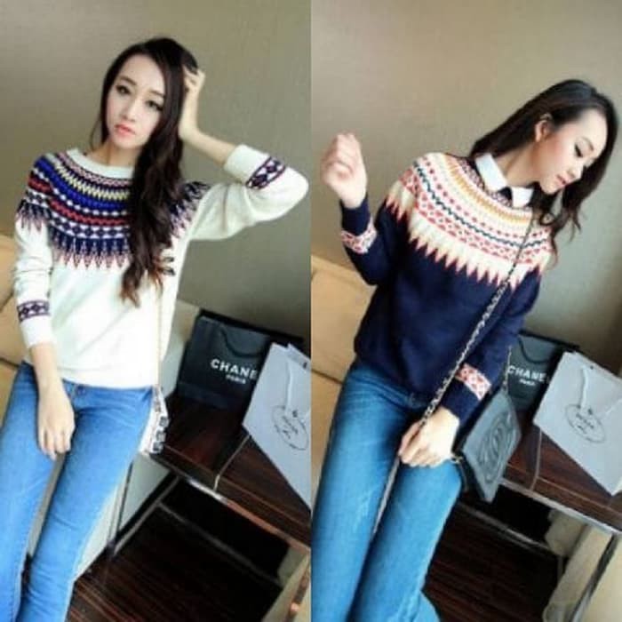 Jual Grosir Baju Fashion   [sweater lila RO] sweater wanita rajut putih dan navy