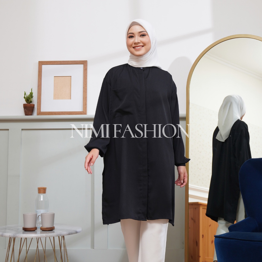 NIMI Atasan Tunik Kanaya Long Tunik Oversize Kemeja Panjang Polos Wanita Kancing Tutup Lady Zara Busui Friendly