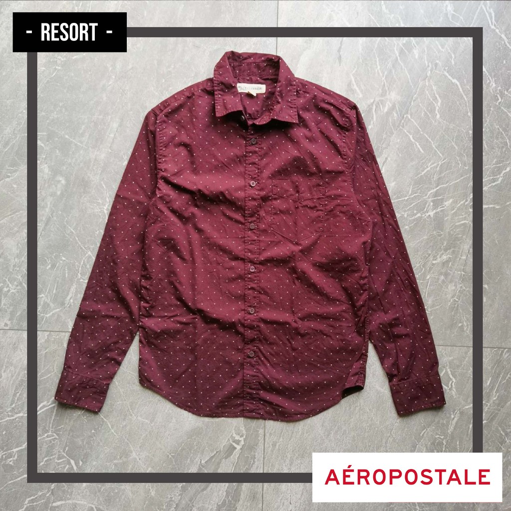 Kemeja Pria AEROPOSTALE Lengan Panjang Maroon Dots Putih