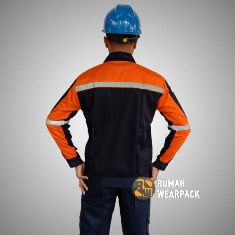 Baju Kerja / Wearpack Proyek Kemeja Safety Atasan Navy Navi Oranye