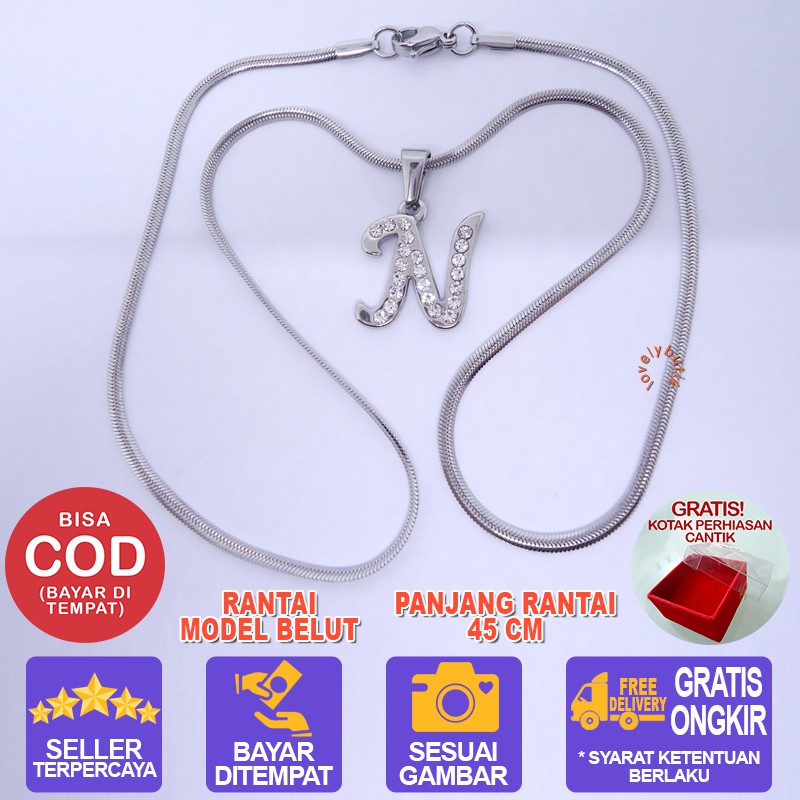 Lovelybutik Honey Kalung Huruf Titanium Anti Karat Inisial N Uk 45 cm BONUS KOTAK PERHIASAN