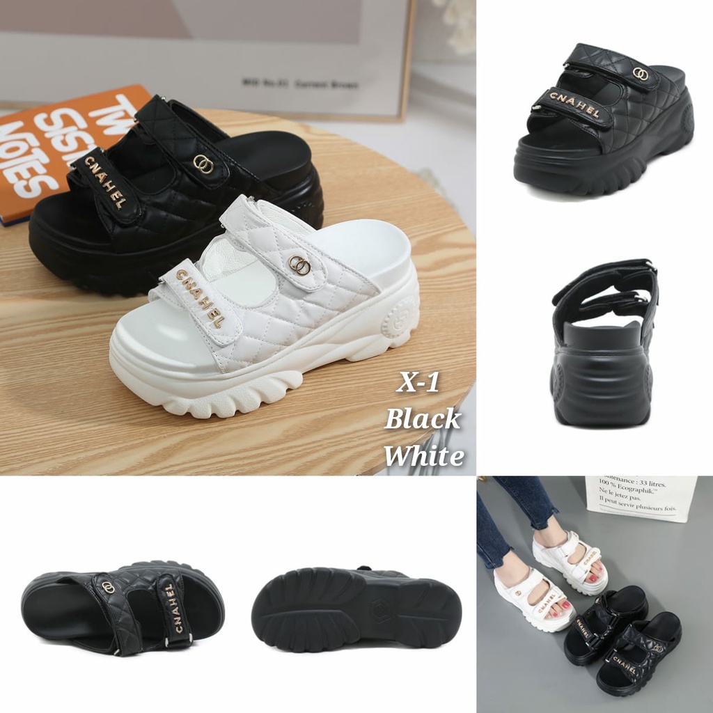 NEW ARRIVAL SEPATU WANITA WEDGES IMPORT KULIT CNAHEL TERMURAH KODE  X-1(SLOP) X-21(TALI BLKG)