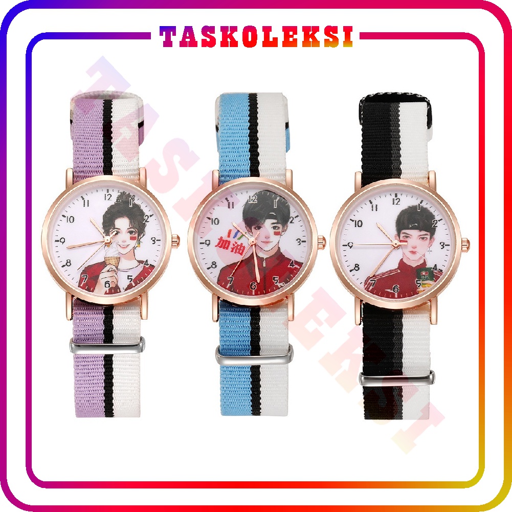 ☛TK☚ Jam Tangan Analog Wanita Gaya Korea Strap Canvas Warna Warni JT042