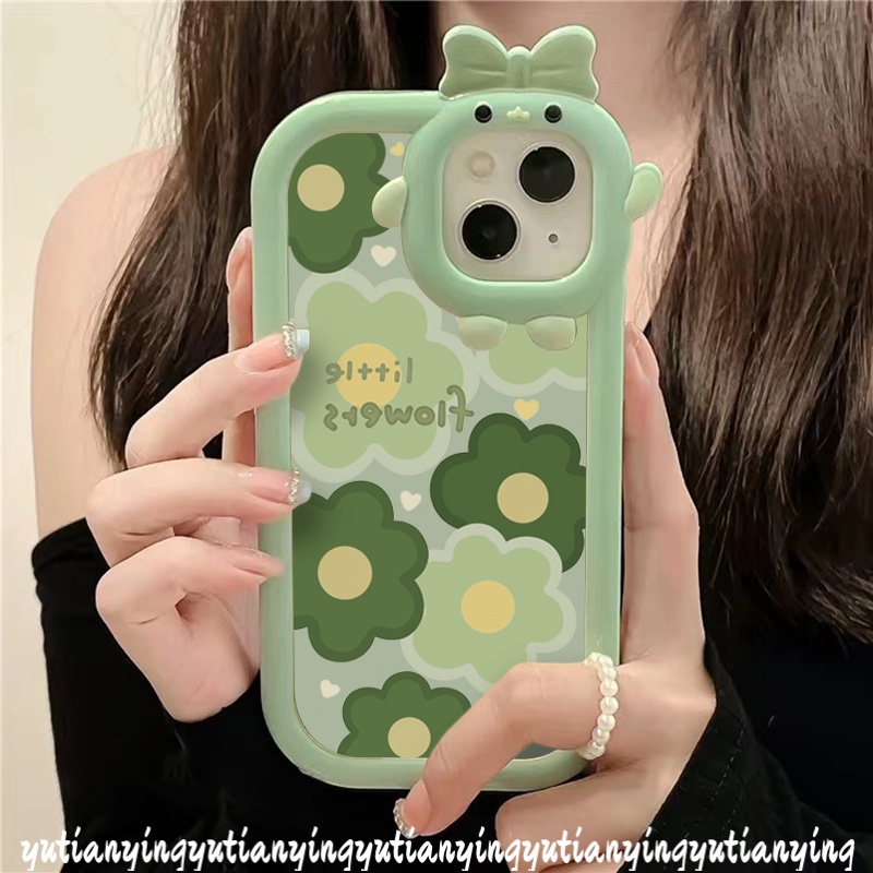 Ins Case Bunga Hijau Oppo A17 A7 A5s A54 A57 2022 A76 A96 A3s A5 A9 A55 A16s A15 A12 A17K Reno 4F 5F 5 7 A53 A74 A95 A16K A52 A15s A16 A31 3D Bow-knot Monster Kecil Lensa Sarung Cover Sarung