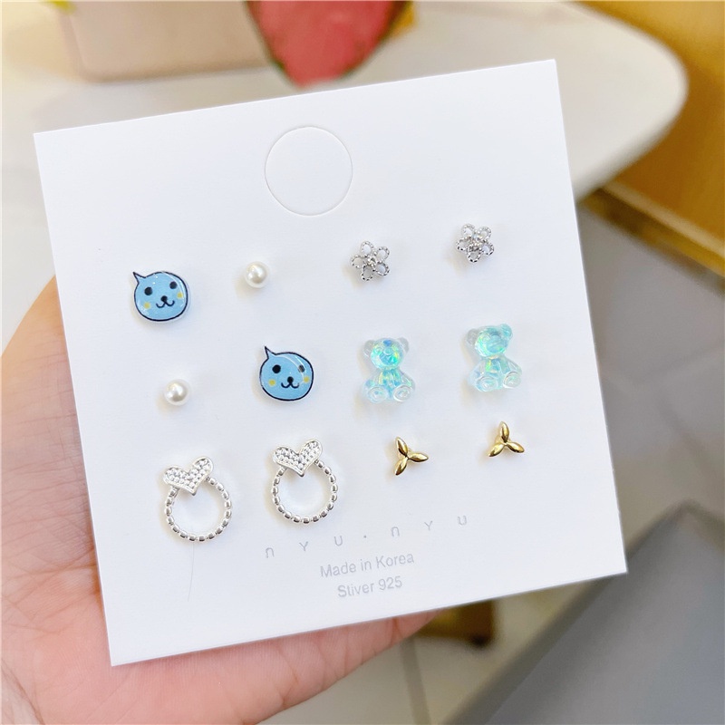 Candy Jewelry 5pair 6pair Fashion Stud Earrings Bear Flower Butterfly Bow Watermelon Geometric Earring for Women Rabbit Apple