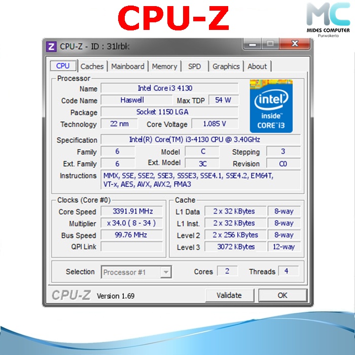 Processor Intel LGA 1150 Core I3 4130 Dan Fan Intel