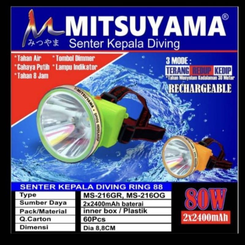 Senter Kepala Selam/Mitsuyama Ms-216 80 watt/Senter Kepala Diving/Headlamp Selam Cahaya Led Putih