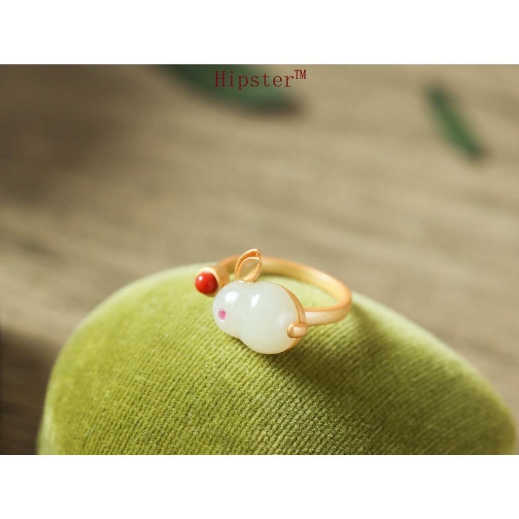 Set Natural Hetian Jade Ring Love Bunny Necklace Ear Stud Pendant