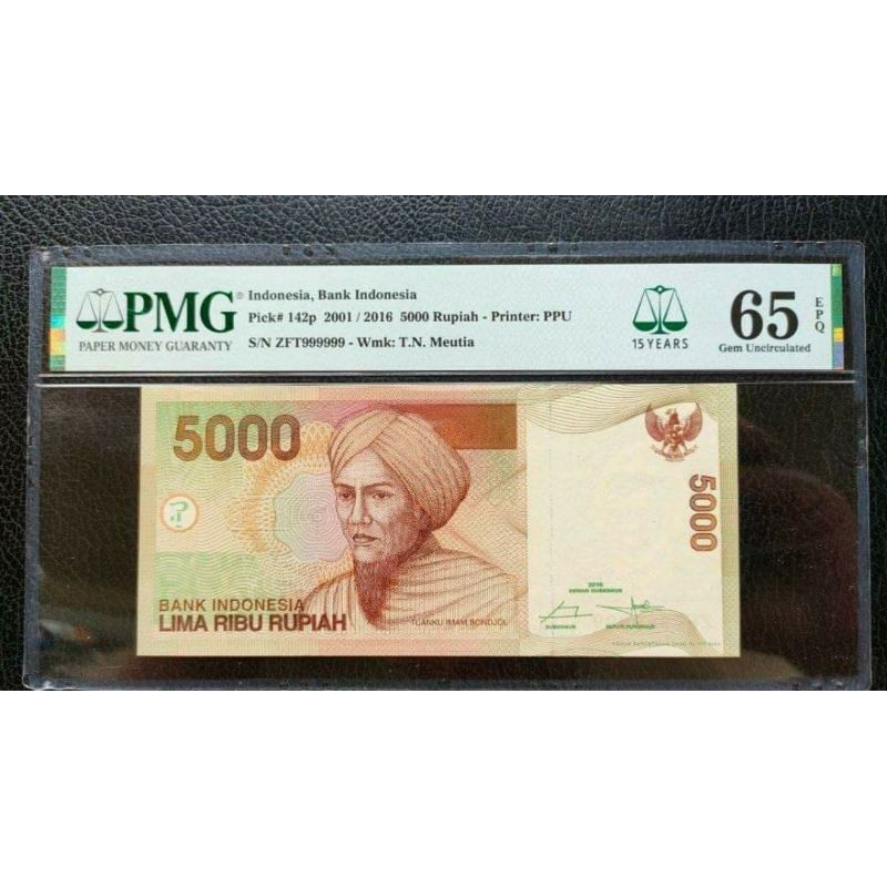 Uang Kertas Kuno 5000 Rupiah Imam Bondjol Tahun 2001/2016 Nomor Cantik Solid 9 PMG 65