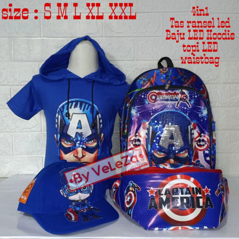 Baju kaos led hoodie anak karakter kapten amerika 4in1 - tas led + baju led + topi led + waistbag - baju anak