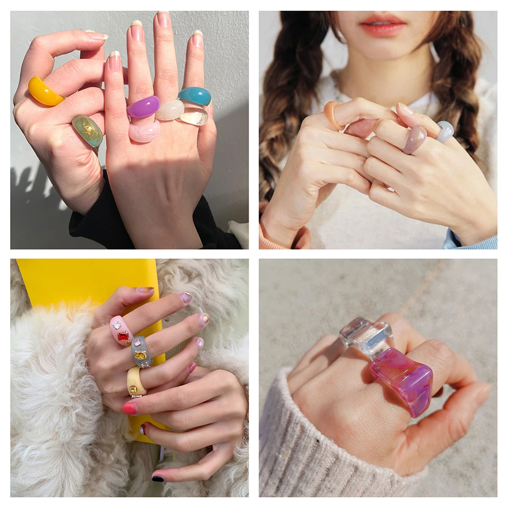 8pcs / Set Cincin Resin Hias Berlian Warna-Warni Gaya Retro Korea Untuk Wanita