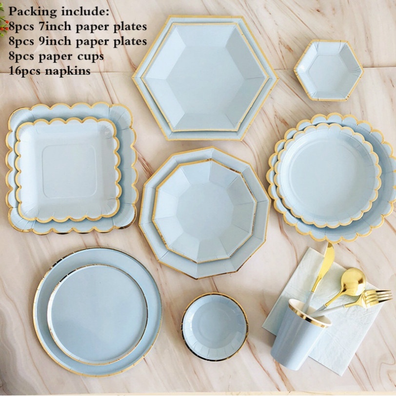 40Pcs/set Disposable Light Blue Bronzing Tableware Paper Dessert Dinner Plate for Festival Party Supplies